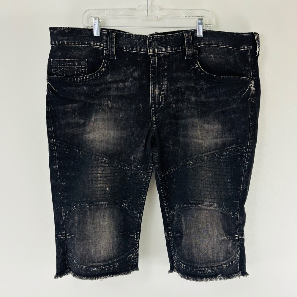 True Religion Mens Moto Black Distressed Denim Shorts Frayed Hem 42